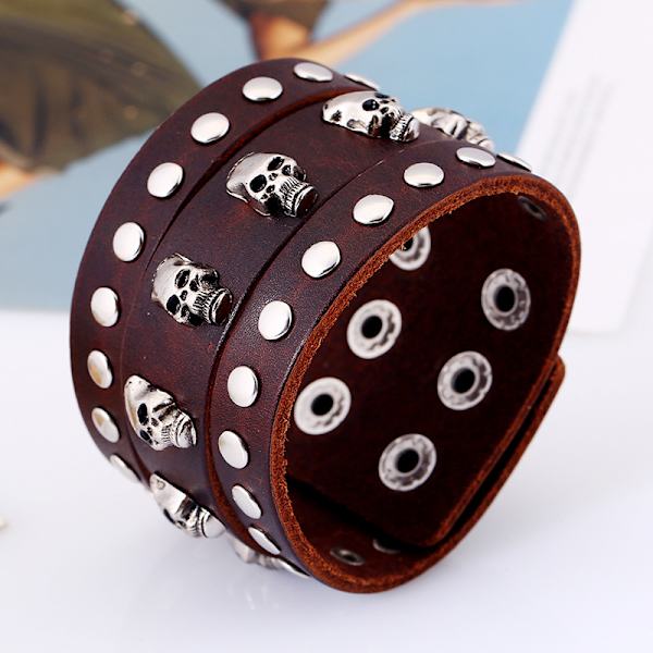 Unisex Gotisk Punk Rock Stil Dödskalle Nitar Justerbar Bred Läder Armband Manschett Wrap Armband Bangle, Passar 7,5\" - 8,7\" Handled
