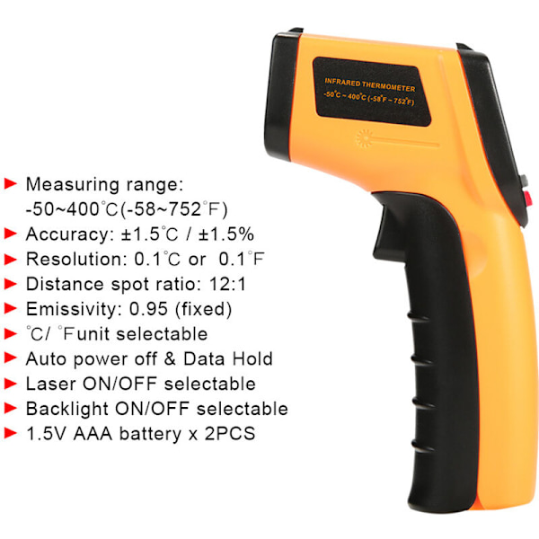 Infrarødt termometer, Laser kontakt Infrarødt termometer fra -50 ° C til 400 ° C, LCD-skærm med baggrundsbelysning