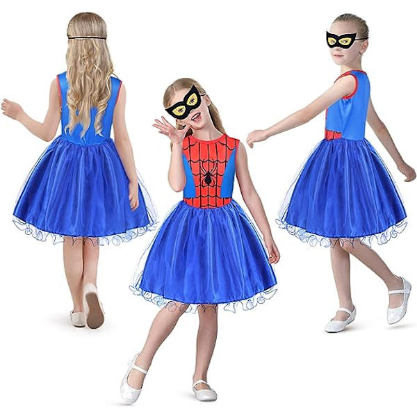 Spider-pigekostume med øjenmaske, superheltekostume til børn, børnespiderkostume, børnespiderkostume til Halloween-karneval-cosplay-fest (110 cm)