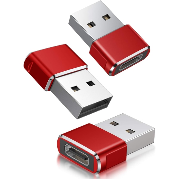 Rød USB C hun til USB A han adapter 3-pak, Type C opladerkabel