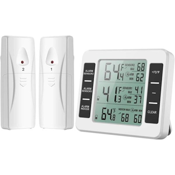 Køleskabstermometer, køleskabstermometer med fryseralarm, indendørs udendørs termometer med 2 sensorer, min/maks og temperaturalarm