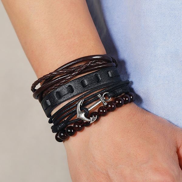 Ankare armband i flätat läder med vintage-design, julklapp, semestergåva eller födelsedagspresent, set med nautiska armband