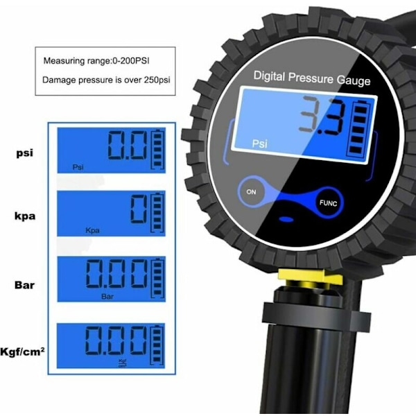 Digital 250 psi dæktryksmåler, højpræcis digital dæktryksmåler med oppustningspistol til cykel, motorcykel, bil, 2 AAA-batterier, LCD