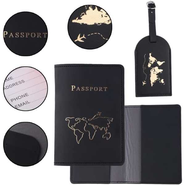 Rosa, svart - 2 bagasjemerker og 2 passholdere, skinnpass
