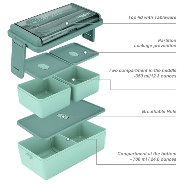 1400ml 3-roms 2-lags lekkasikkert lunsjboks med isolert veske og bestikk, måltidsforberedelsesbeholder egnet for voksne barn studenter kontor mikrobølgeovn