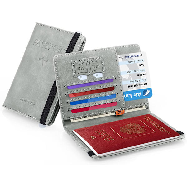 Grå Pass Plånbok, Reseorganisatör Passfodral Bärbar Portfölj med Sköld, Kreditkort, ID-kort, Flygbiljett, 1 Bok