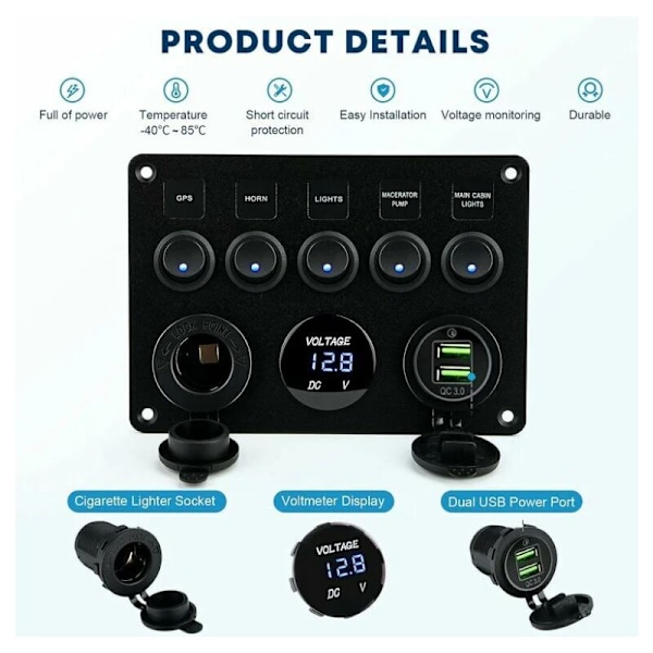5 Gang Vippekontaktpanel - Vandtæt Vippekontakt - Dobbelt USB DC 12V/24V - Til Båd, Bil, Lastbil, Trailer, Marine, SUV Køretøjer, RV