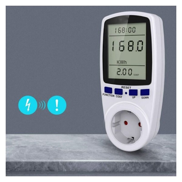 Vit kontakt med energimätare, LCD, 16A, 230V, 50Hz, Elförbrukning, Ampere, Spänning, Maximal effekt 3680 W