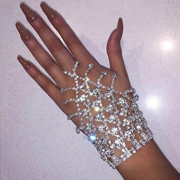 Armbånd Ring Sølv Håndkæde Krystal Armbånd Finger Ring Armbånd Bryllup Håndsele Hånd Tilbehør til Kvinder og Piger