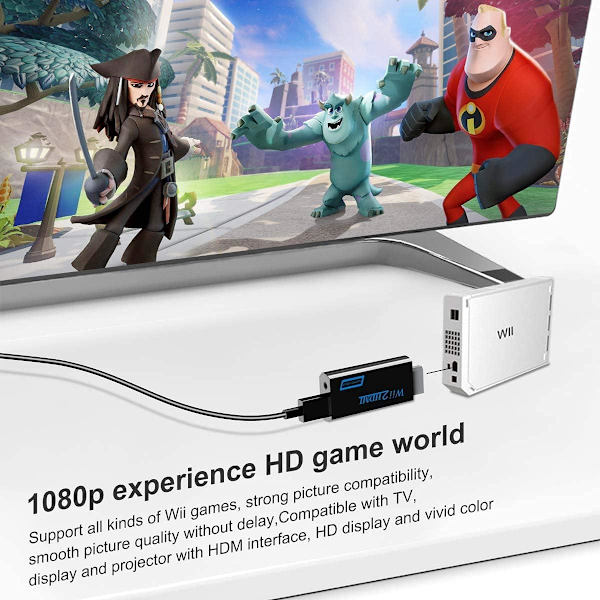 Wii till HDMI-omvandlare, Full HD 1080P videoadapteromvandlare med 3,5 mm ljud och HDMI-utgång, stöder alla Wii-visningslägen -Svart