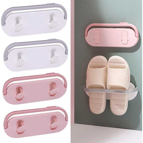 4-pack Vikbart Skoställ Väggmonterat Utan Borrning Badrum Entré Skohållare Organizer - Grå & Rosa