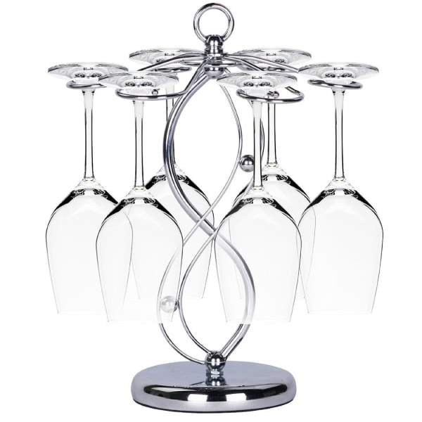 Vinstativ i rustfritt stål, elegant tørkestativ for glass/stativ for vinglass/oppbevaring av stettglass med 6 kroker for flere bruksområder, sølv
