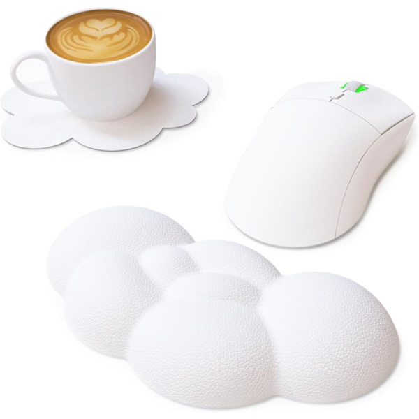 Molnformad handledsstöd i minnesskum för datormus och tangentbord, 2-i-1 musmatta med underlägg, ergonomisk design, anti-smuts-vit