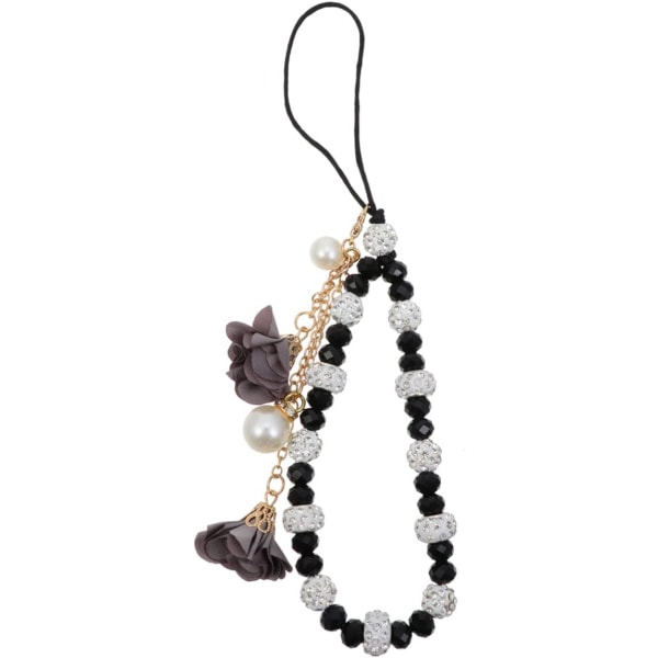 Mobiltelefonrem (sort) - Crystal Beads telefonrem med blomst