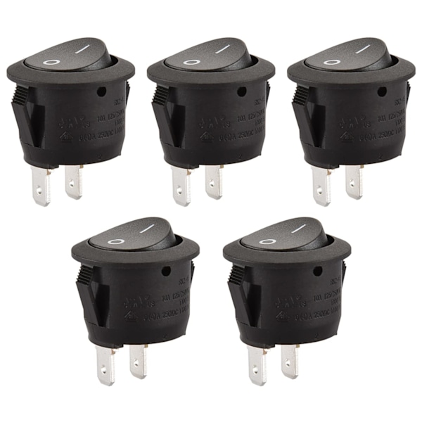 Svart - Set med 5 runda vippströmbrytare - 2 SPST-terminaler, 6 A, 250 VAC, UL, VDE