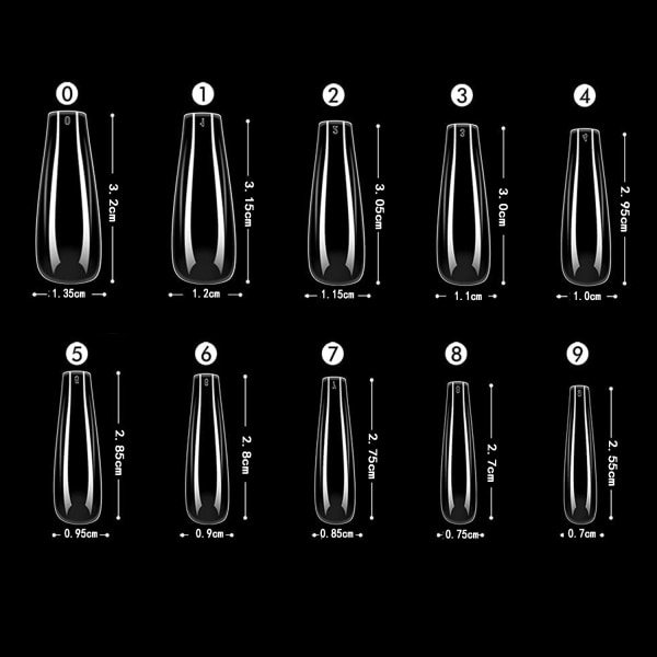 500 st transparenta kistformade naglar, långa konstgjorda naglar, kistformade falska naglar, full täckning ballerina naglar, akrylnaglar, konstgjorda naglar med låda för nagelsalong