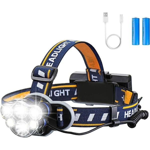 Superlys Superlys Hovedlampe, Genopladelig LED-lommelygte, LED-hovedlampe med 6 LED'er 12000LM 8 lystilstande med USB-kabel
