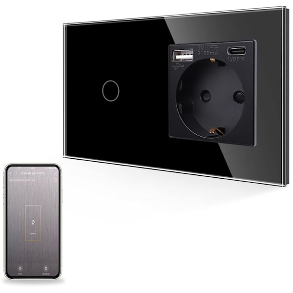 Svart Touch-strömbrytare Intelligent Wi-Fi med USB-uttag, glasintag med snabb laddning, noll drivrutin, glasfönster, 1-växlad strömbrytare
