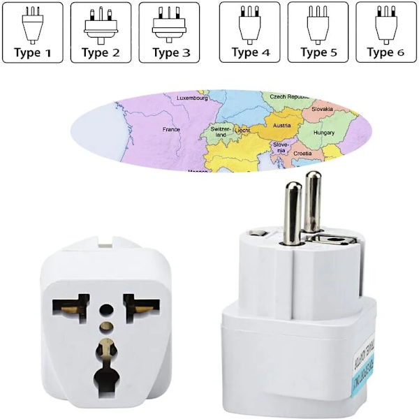 2x Universal Nätströmadapter US/UK/Kina till Europa (EU) / Frankrike (FR) Stickkontakt med Jord Standarder CE RoHS 16A Vit Kompatibel med Clarisonic mia2, Phi