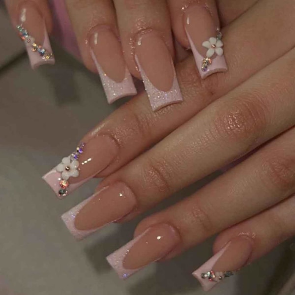 Blomma falska naglar fyrkantiga rosa franska naglar långa glänsande glänsande strass falska naglar tips konstgjorda naglar Finger manikyr för kvinnor och flickor 24 delar