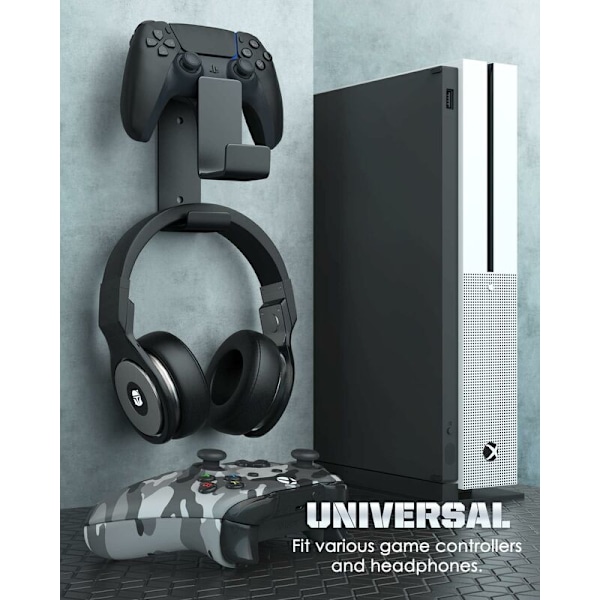 Veggholder for alle universelle hjelmer, dobbel spillkontroller- og hjelmstøtte for Xbox One, Xbox 360, PS3, PS4, PS5, PC, Steam, Switch, Svart