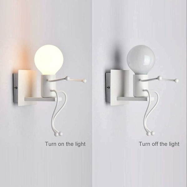 Robotvegglampe, kreativ moderne retro stil svart vegglampe, vegglamper for soverom nattbord barnerom korridor trapp (hvit)