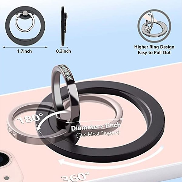 Magnetisk telefonringstativ kompatibel med iPhone 12/13/14-serien, justerbar MagSafe-telefonringhållare i metall, svart
