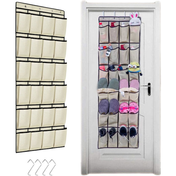 Beige hengende skoskap med 24 lommer, plassbesparende skoskap med 4 kroker