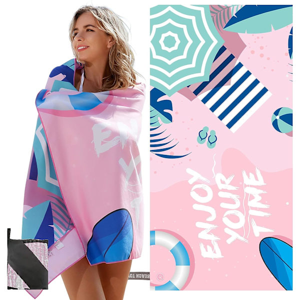 Strandhåndkle med UV-etiketter, strandmatte, mikrofibermateriale, ingen sand, passende størrelse (160×80cm), hurtigtørkende, elastisk taudesign, oppbevaringspose, rosa