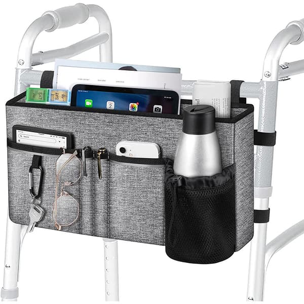 1 stk. (grå, medium) Walker Bag, sammenklappelig gåkurv-arrangørpose til enhver walker/rollator/kørestol, opdateret gåvogn