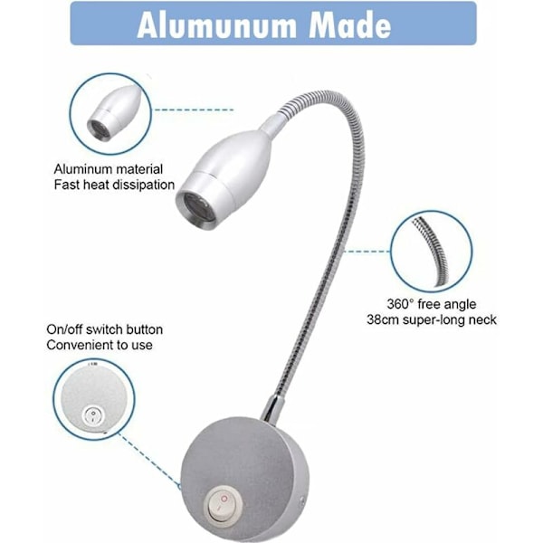 Läslampa, LED-sänglampor med aluminium gåshals vägg sänglampa, för sovrumskontor varmt vitt, 3W/6000K vit läslampa