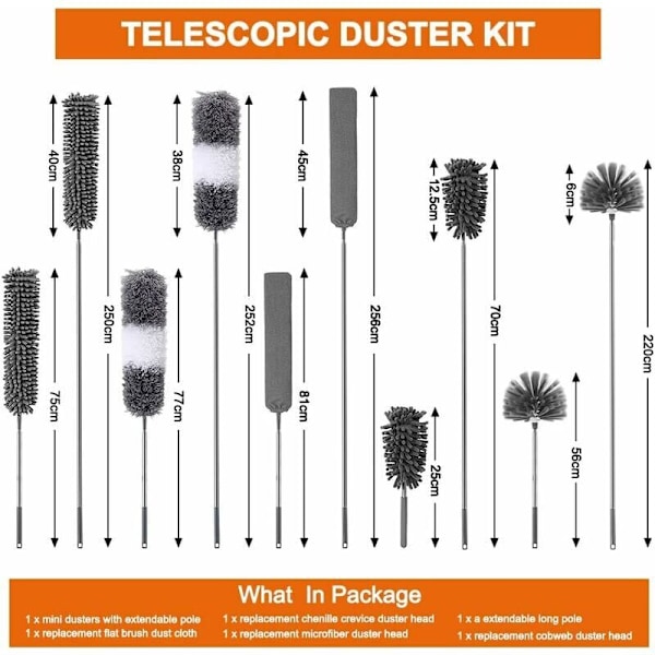 6 Delar Teleskopisk Dammtorkare, Spindeldammvippa, Tvättbar Mikrofiber Dammtorkare Olika Rengöring, Teleskopisk fjäder för takfläkt, Spindelväv