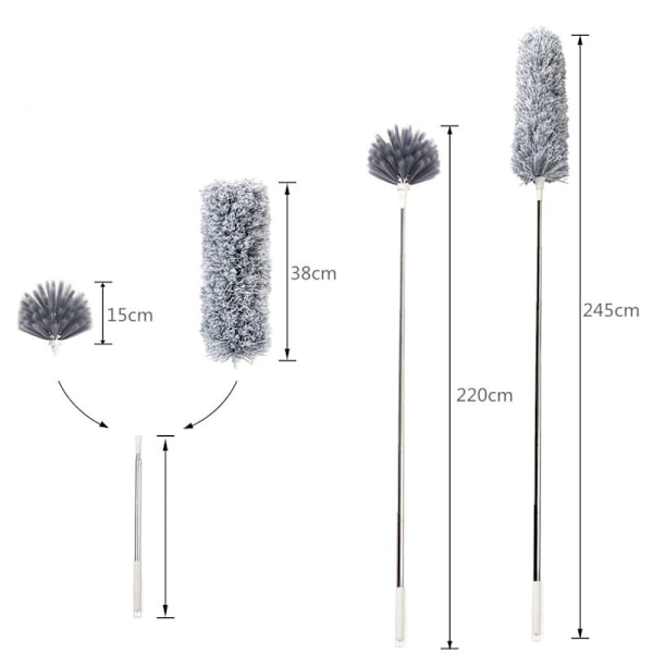 Mikrofiber teleskopisk dammvippa för spindelnät - Hög takborste - Randig resistent - Tvättbar, hopfällbar - 254 cm - Hemrengöringsverktyg - Mörkgrå