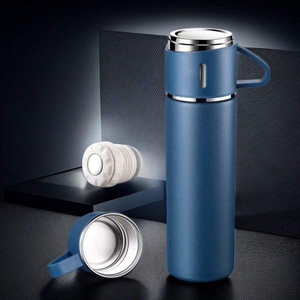 Blå termosflaskesett - 3 kopper isolert vannflaske gavesett - Varm og kald drikke termosvannflaske - Gjenbrukbar vannflaske i rustfritt stål