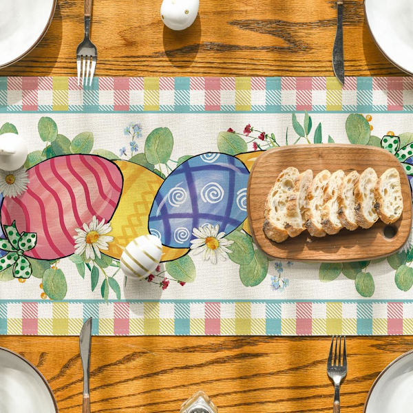Buffalo Plaid Daisy Egg Påske Dug, Sæsonbestemt Køkkenbord Dekoration til Indendørs Husfester 13x72 Tommer