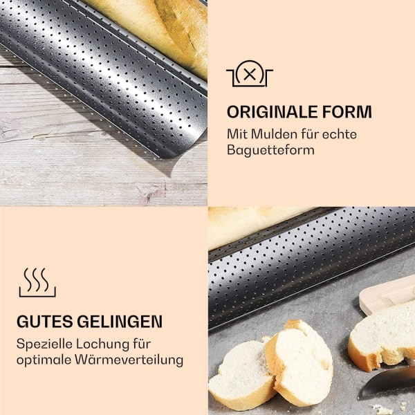 Svart - Baguettform, Baguettform i karbonstål, Baguettform for stekeovn, Oppvaskmaskinsikker perforert baguettform, Perforert baguettformsett,