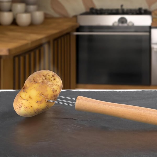 4 st potatisgafflar med 3 tänder (långt träskaft), i 430 rostfritt stål och bokträ, återanvändbara, extra stora, ergonomiska majskolvshållare