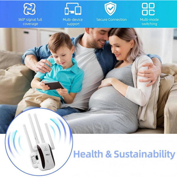 WiFi Extender 2025 - AC300, 4 Antenner, 465 m², 50 Enheder, Ethernet, Alexa