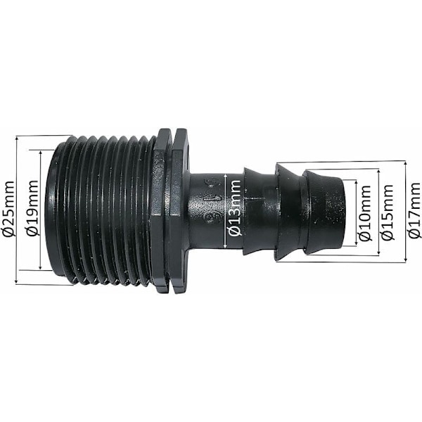 Sett med 10 adaptere/hannkoblinger Ø16mmx3/4 '' med utvendig gjenge (for Ø16mm slange) - kobling for irrigasjonssystem/vanning