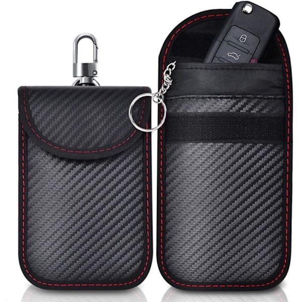 (9x14cm) Etui Anti Rfid signal Faraday taske, sæt med 2 lommer signalblokering til kulfiber carbon nøgle, med 2 nøgleringe i sort metal