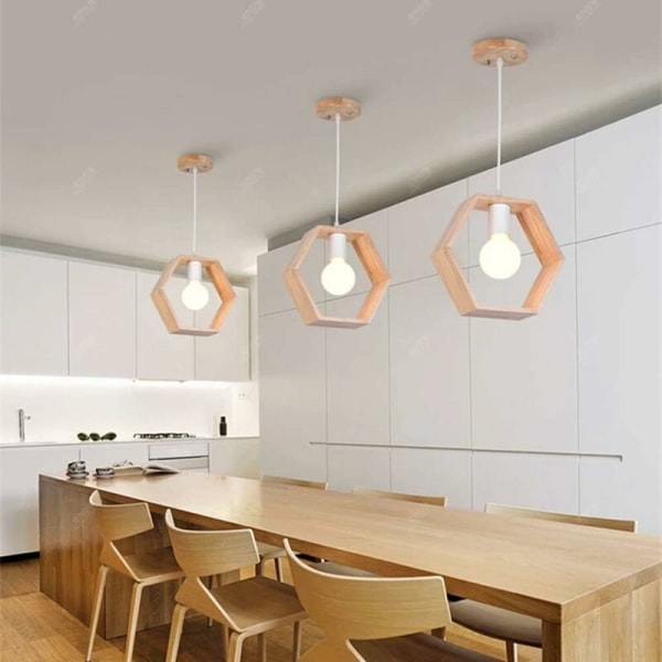 E27 Kreativa Hängande Lampor Industriell Trä Taklampa Modern Belysning Suspensioner Taklampor Ljusarmatur (Hexagon Form)