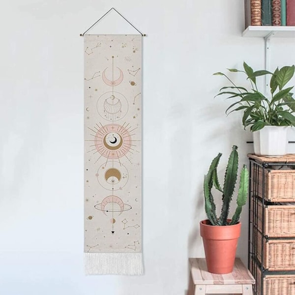 Bohemisk Tapestry, 32,5 x 130 cm Mån-Tapestry, Väggbonad, Månfas och Konstellationsmönster, med Hängande Stång, Snöre och Krok, för Livi
