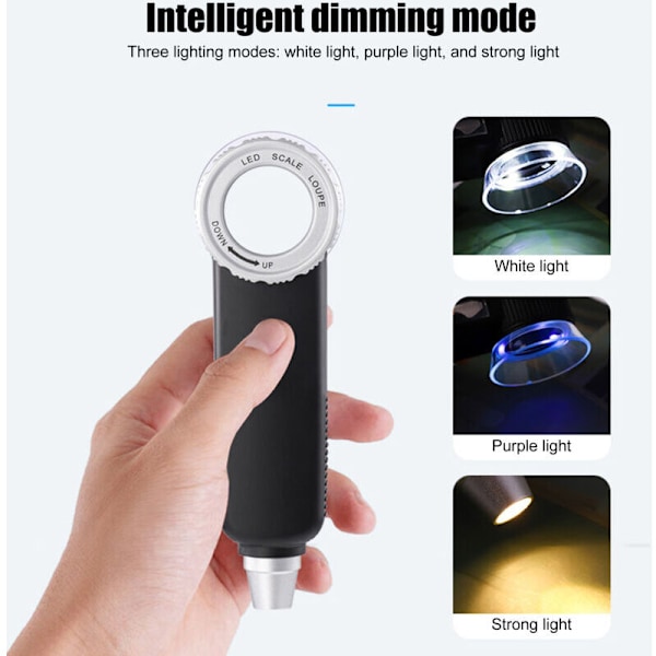 Lupe 30x hvid lilla gul lys 3 farver Genopladelig USB med multifunktionelt blad