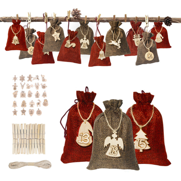 Jute Canvas Bag for DIY Julekalender, Adventskalender Bag Julepose, Julekalender Bag med Tretremerker, for Count to Re