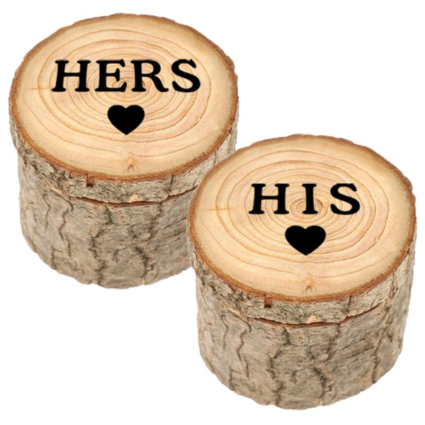 Ett par bröllopsringar i trä (diameter 6 cm, HERS, HIS), med ringhållare för förvaring vid bröllop, förlovningsfester och Valentin