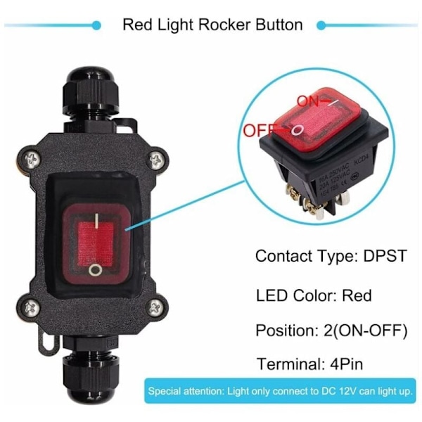 IP67 Vandtæt kabelkontakt ON/OFF 4 DPST Bounds Udendørs kontakt 220V AC med rød LED Dobbelt linje indgang og udgang H-K062-KCD4-201N-R-W, 220V-LS