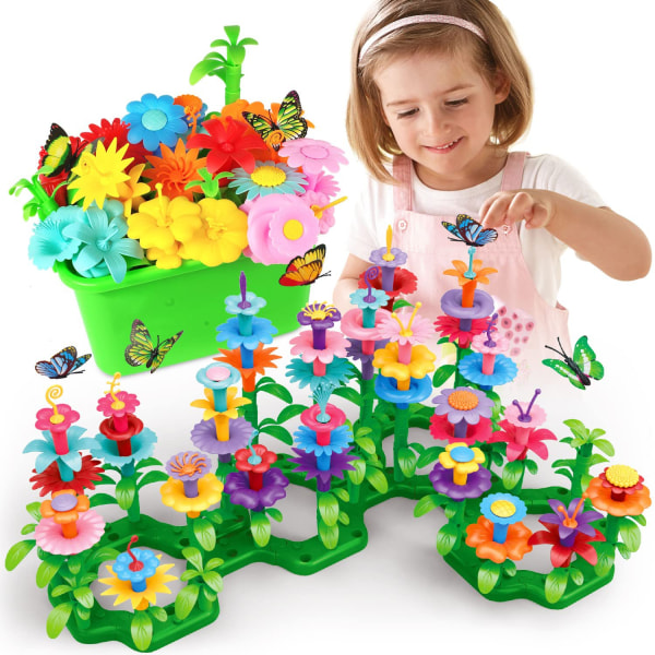 Kukkapuutarhan rakennuslelut, Tyttöjen lelut rakentamaan puutarhaa, 148 kpl kukka-aiheinen puutarhalahja lapsille, kukka-asetelma leikkisetti 3–7-vuotiaille