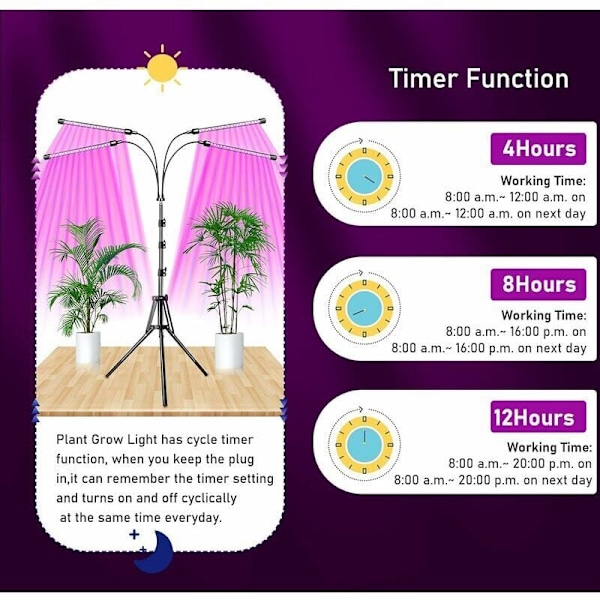 Plante Lampe, Vekstlys med Stativ, 80 LED Vekstlys 4 Hoder Fullspektrum Plantelampe med 10 Dimmenivåer 3 Timer Moduser