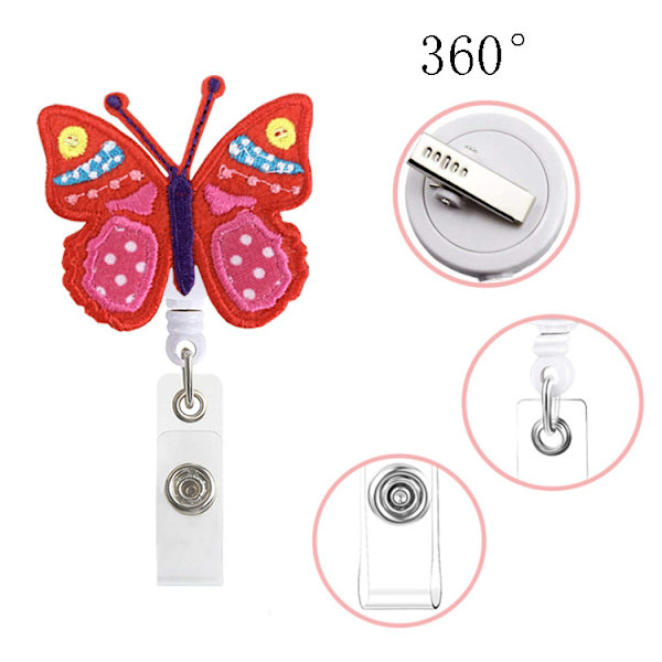 4 stk fargerik sommerfugl broderi filt, uttrekkbar klips, badge retractor med uttrekkbar klips, studentgave, uttrekkbar ID-kortholder, badge