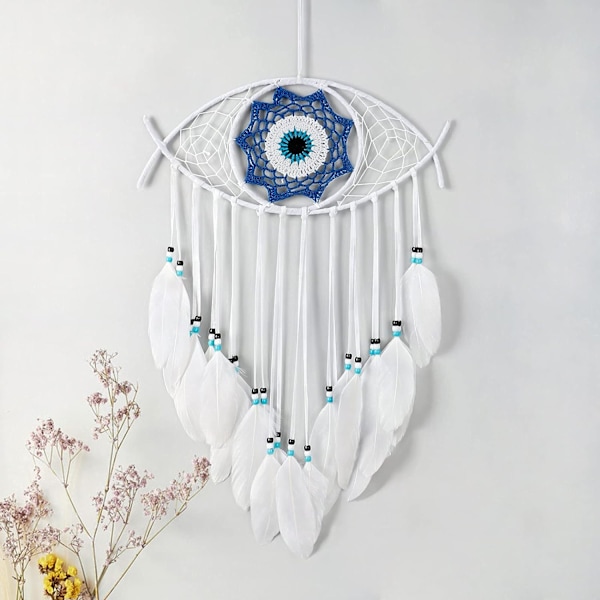 Macrame Evil Eye Dream Catcher Håndvævet Hvide Fjer Dreamcatcher Vægophæng Hjem Dekoration Ornament Velsignelse Festival Gave，ren hvid